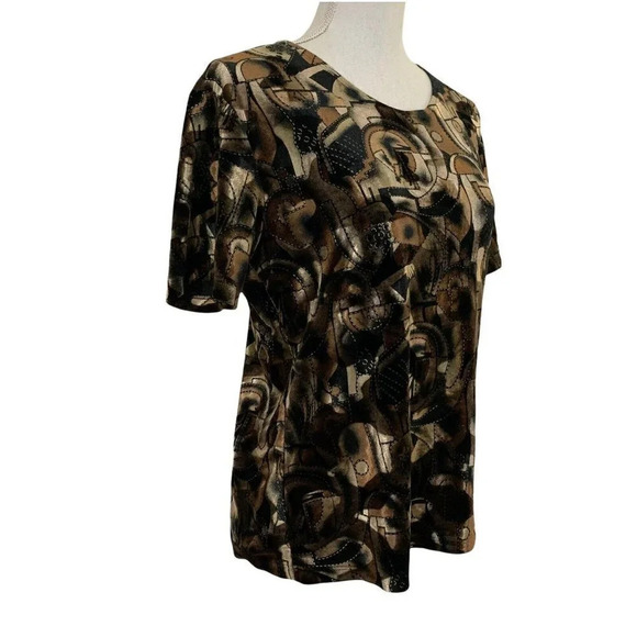 Modern Essentials 90s Vintage Brown and Gold Velvet Short Sleeve Mod Geometric - Picture 2 of 7